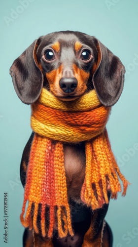 small dog  wearing a long autumn scarf photo