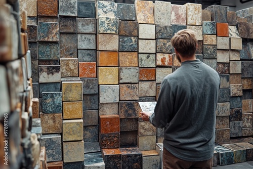 A man examines a selection of colorful, textured tiles in a store, showcasing his concentration and the diverse patterns on display.