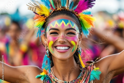 A woman with bright face paint and a colorful feathered headdress smiles broadly, capturing the essence of cultural pride at a festive event.