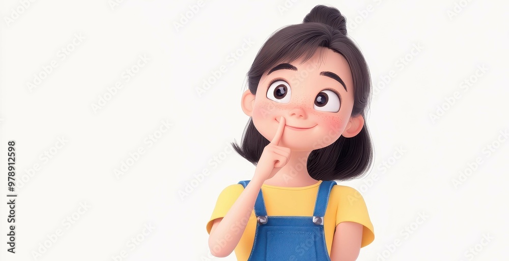 Charming young girl in stylish blue overalls and yellow tee thoughtfully ponders her next big decision, showcased in 3D art. Charming young girl in stylish blue overalls and yellow tee thoughtfully ponders her next big decision, showcased in 3D art.
