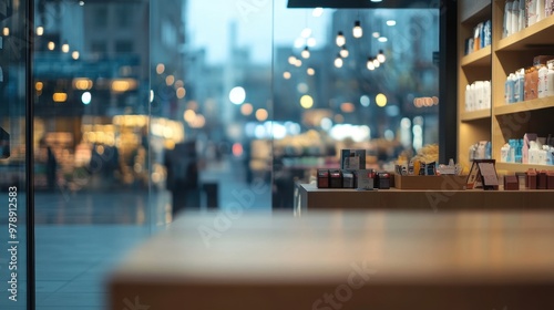 A blurred view of a store interior with products on shelves and a bustling street outside.