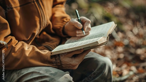 Close-Up of a Hand Holding a Notebook and Pen, Ready to Take Notes in a Quiet, Peaceful Atmosphere photo