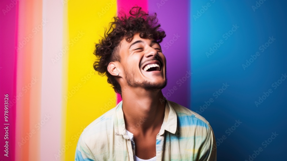 A man with a broad smile and short hair laughs wholeheartedly against a bright pink background. A man with a broad smile and short hair laughs wholeheartedly against a bright pink background.