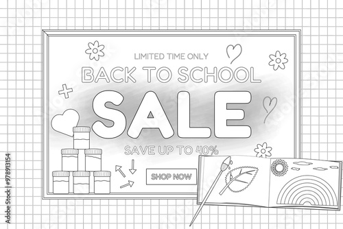 Black and white illustration of a back-to-school sale with art supplies, including paint jars, brushes, and a coloring book. Perfect for school designs.