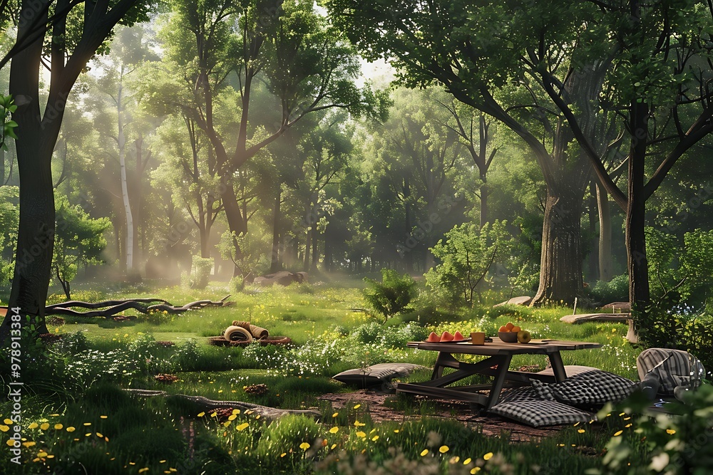 Wooden bench and table in a beautiful green summer forest with sun rays Wooden bench and table in a beautiful green summer forest with sun rays
