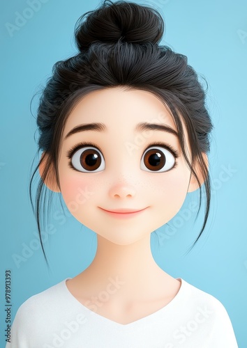 A smiling Asian girl with big eyes and black hair, wearing a white shirt, set against a pure blue background.