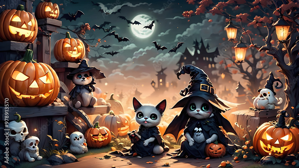 Cute and unique Halloween background, Halloween wallpaper, Halloween illustration, ai generated Cute and unique Halloween background, Halloween wallpaper, Halloween illustration, ai generated