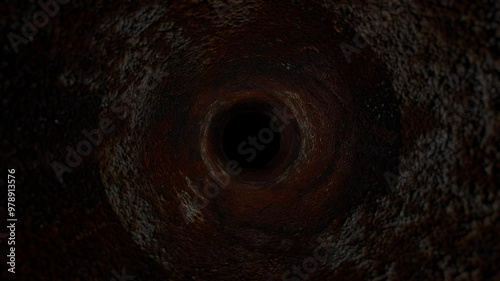 endless forward movement through dark rough old pipe. 3d render looped animation.