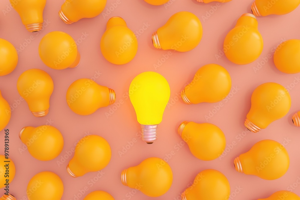 Three dimensional render of old-fashioned light bulbs with only single one glowing. Beautiful simple AI generated image Three dimensional render of old-fashioned light bulbs with only single one glowing. Beautiful simple AI generated image