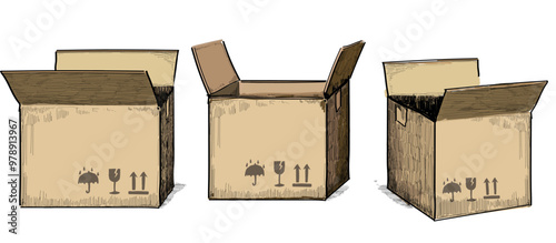 set of different types open carton brown box illustration moving icon transport isolated on white background