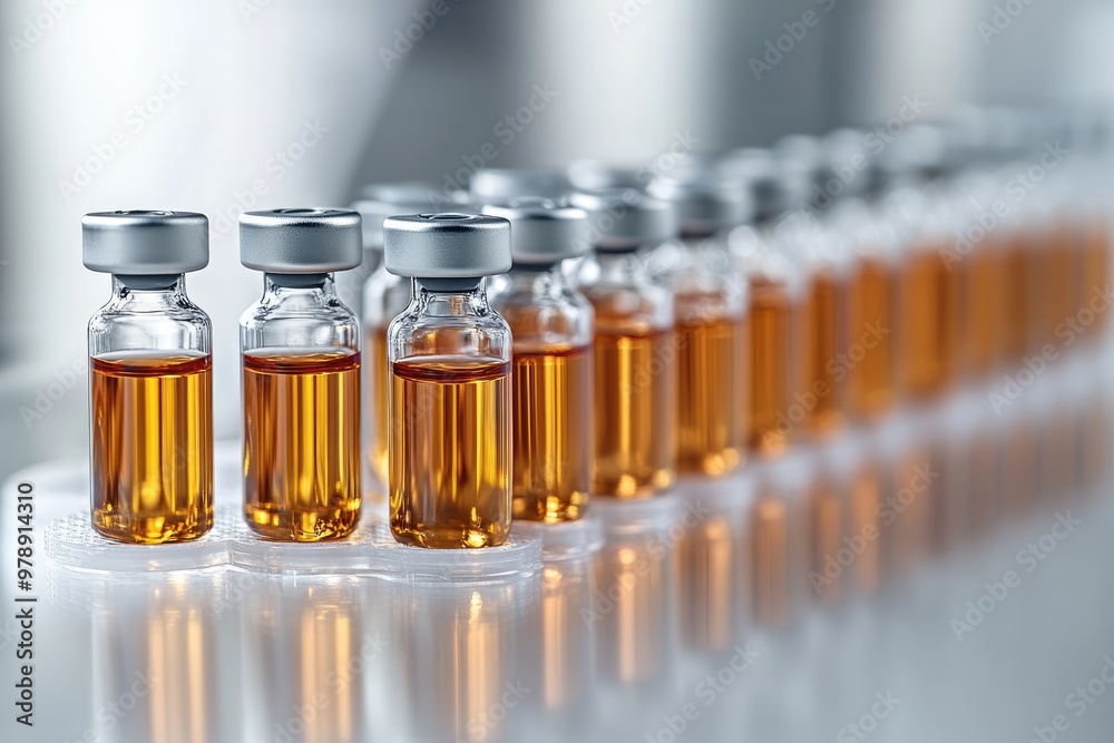 Scientist analyzing a series of vials containing orange liquid in a laboratory Scientist analyzing a series of vials containing orange liquid in a laboratory