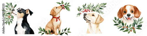 Four charming dogs adorned with festive greenery, perfect for holiday-themed projects and pet lover celebrations. photo