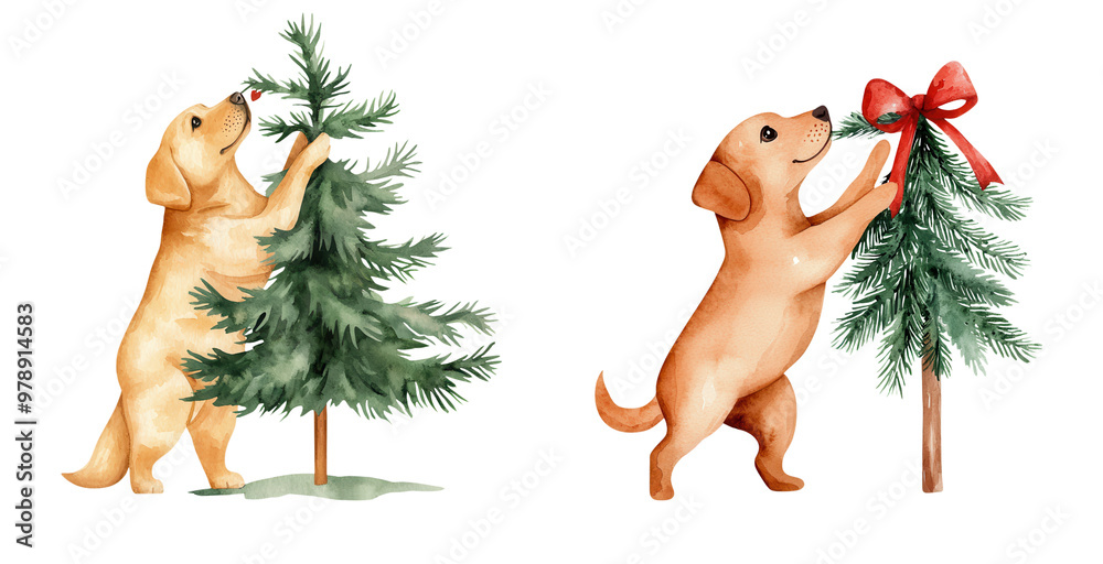 Fototapeta premium Playful puppies decorating a Christmas tree with festive ornaments, capturing the joy of the holiday season.