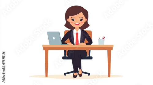 A confident businesswoman sits at a table, exuding professionalism and style in this modern cartoon illustration.