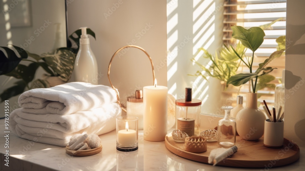 Elegant towels and serene candles are bathed in soft sunlight through rustic windows, offering a tranquil and serene setting in a cozy interior space. Elegant towels and serene candles are bathed in soft sunlight through rustic windows, offering a tranquil and serene setting in a cozy interior space.