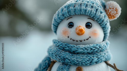  Cute Snowman in Blue Knit Hat and Scarf Smiling in the Snow for Festive Winter Holiday Scene photo