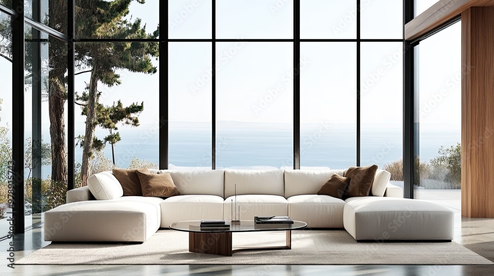 Obraz premium Luxury modern living room with large sectional sofa and minimalist design.