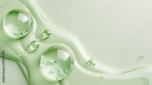 Abstract light green background liquid with bubbles..
