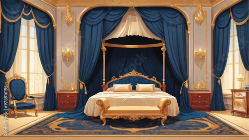 Luxurious Royal Chamber with Grand Bed, Silk Curtains, and Elegant Furniture in Cartoon Royal Style
