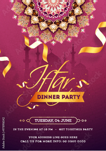 Invitation card or flyer design with exquisite flower and event details for Iftar Dinner Party celebration.