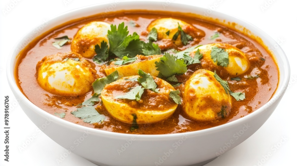 A bowl of spicy egg curry with boiled eggs A bowl of spicy egg curry with boiled eggs
