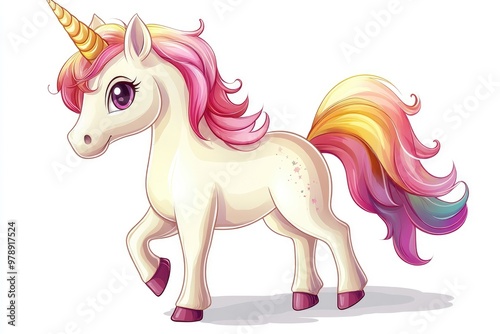 Adorable unicorn standing with rainbow mane and tail