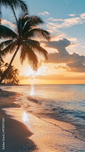 Serene Beach at Sunset - Palm Trees and Turquoise Waters