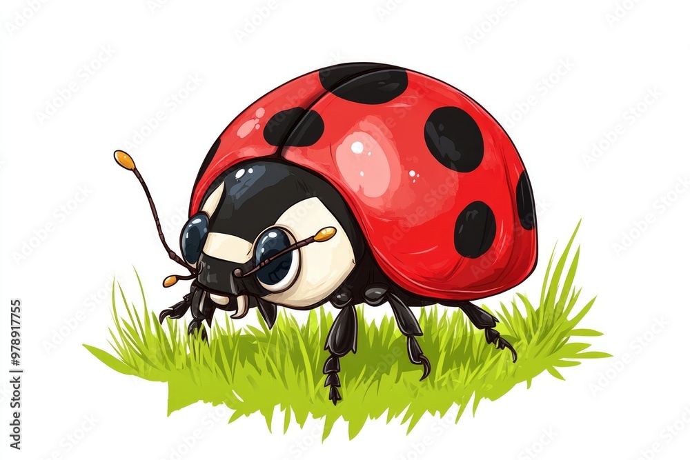 Fototapeta premium Cute ladybug walking on green grass illustration