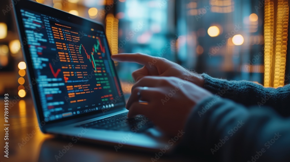 Hands analyzing stock market data on laptop. Hands pointing at a laptop screen showing stock market data with fluctuating graphs, illustrating financial analysis and investment tracking. Hands analyzing stock market data on laptop. Hands pointing at a laptop screen showing stock market data with fluctuating graphs, illustrating financial analysis and investment tracking.
