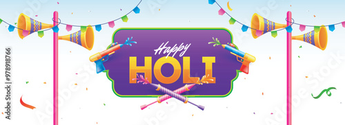 Happy Holi festival celebration header banner or poster design on purple background with water gun and bunting decoration. photo