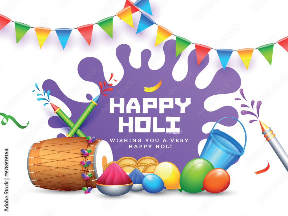 Φωτογραφία Holi festival celebration poster or banner design with illustration of festival elements on purple background with balloon and bunting decoration