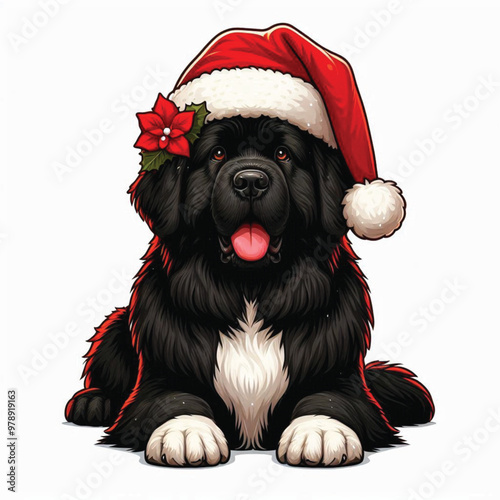 Cute Christmas Santa Hat Newfoundland Dogs Vector Cartoon illustration white background