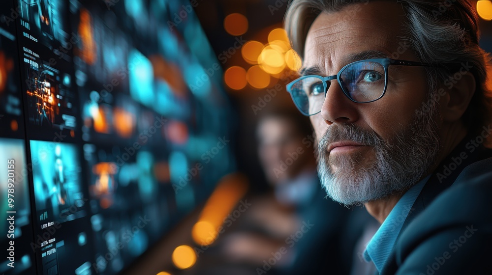 Senior businessman with glasses closely analyzes data on large high-tech screens, symbolizing leadership, strategy, and advanced business analysis. Senior businessman with glasses closely analyzes data on large high-tech screens, symbolizing leadership, strategy, and advanced business analysis.