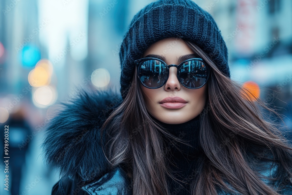 A fashionable woman in a cozy black beanie and sleek sunglasses exudes sophistication while standing amidst the vibrant and lively city ambiance, embodying urban chic.