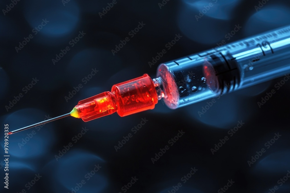 Medical syringe with needle pointing up and red medicine Medical syringe with needle pointing up and red medicine