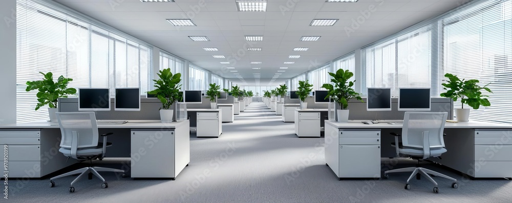 Fototapeta premium Office space emptiness after company shutdown, rows of vacant desks, abandoned office plants, gentle sunlight filtering through blinds, soft shadows, muted colors, silent ambiance