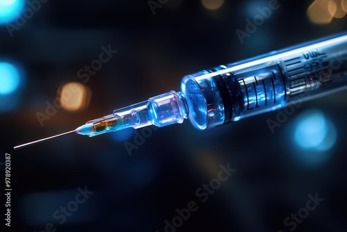 Medical syringe needle point showing liquid medication inside