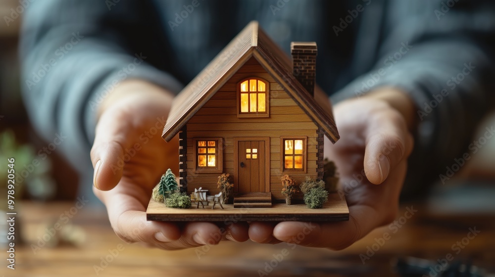 Foto de Hand holding miniature house model symbolizing home ownership ...