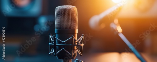 Professional microphone in a studio setting, capturing high-quality sound with a blurred background and warm lighting. photo