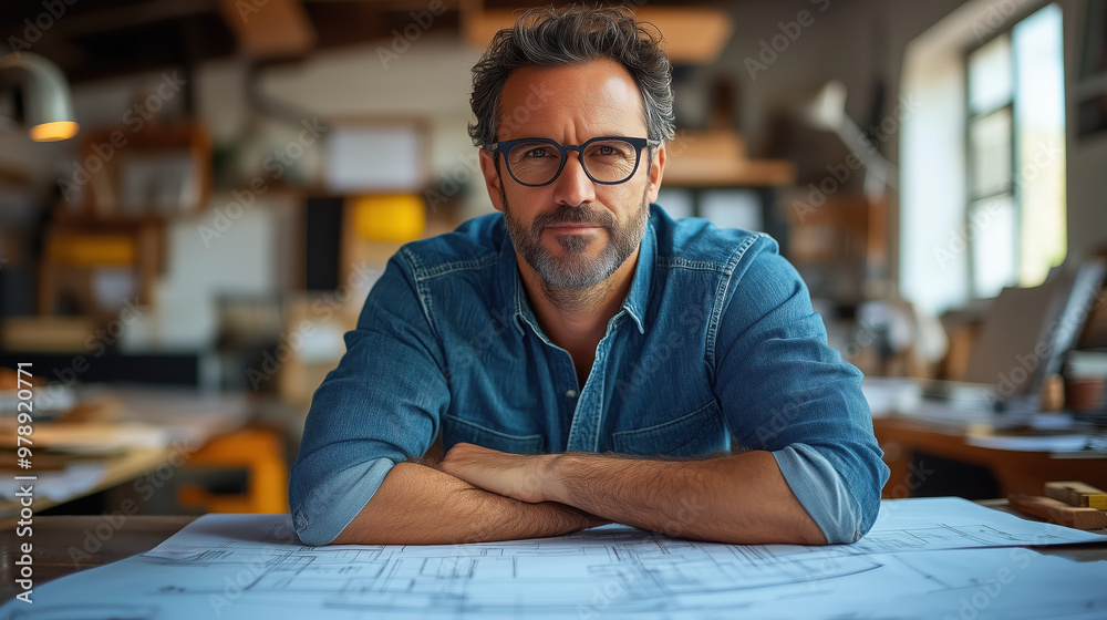 Professional architect sits at a desk surrounded by blueprints in a home design studio, symbolizing architecture, construction planning, and residential design. Professional architect sits at a desk surrounded by blueprints in a home design studio, symbolizing architecture, construction planning, and residential design.