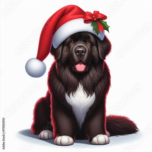 Cute Christmas Santa Hat Newfoundland Dogs Vector Cartoon illustration white background