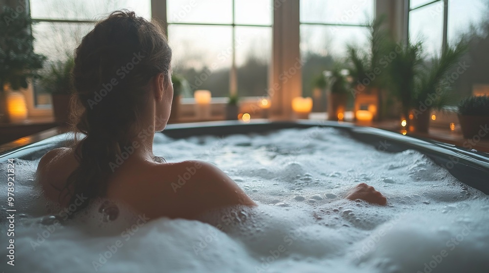 Wellness Bath: A woman relaxing in a bathtub, with foam bubbles, lit by window lighting. Bath. Relaxation. Wellness. Hygiene. Spa.
Wellness Bath: A woman relaxing in a bathtub, with foam bubbles, lit by window lighting. Bath. Relaxation. Wellness. Hygiene. Spa.
