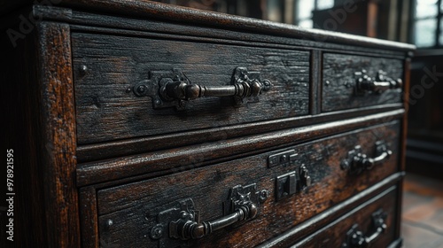 A close-up view of dark wooden drawers with black metal handles, emphasizing the timeless appeal and weathered textures of the wood and metalwork.