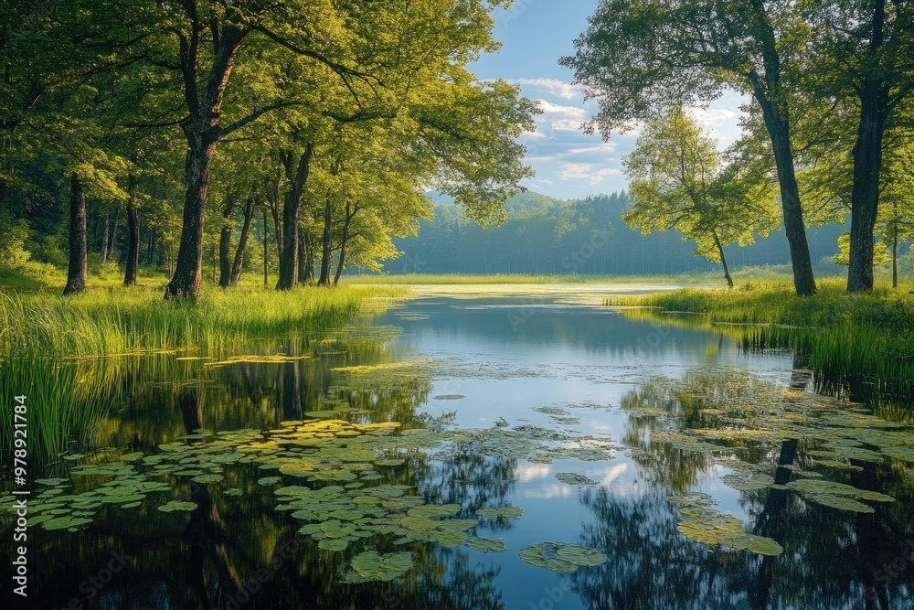 Calm lake reflecting green trees on a sunny spring day Calm lake reflecting green trees on a sunny spring day