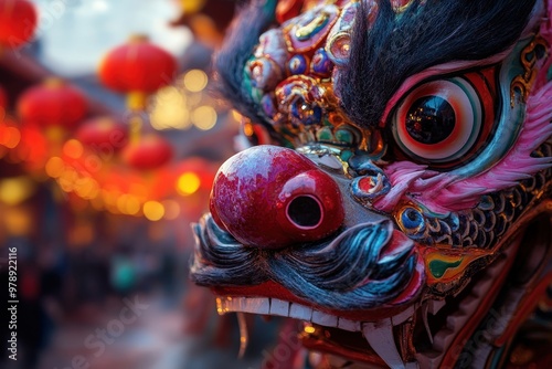 Close-up of a vibrant and ornate Chinese dragon, filled with detailed craftsmanship and vivid colors, set against a backdrop of lanterns glowing during a traditional festival. photo