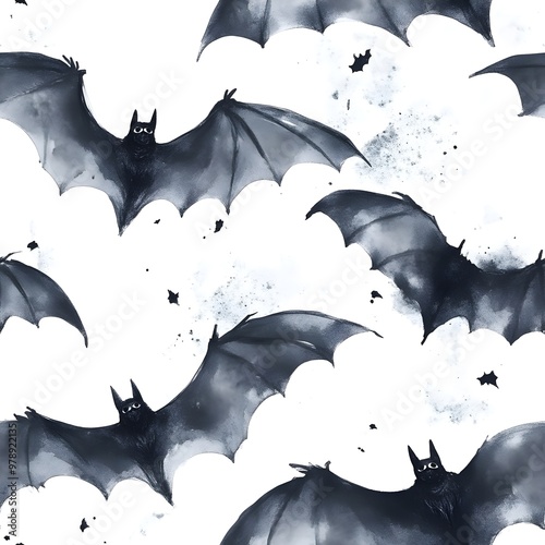 Intricately Detailed Watercolor Pattern of Bats in Flight with Shadowy Grays and Inky Blacks on a White Background in Halloween Aesthetic