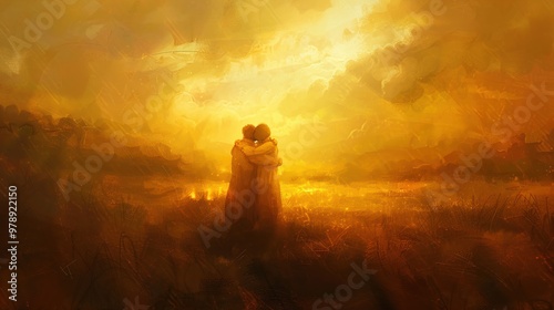 The prodigal son is embraced by his father bathed in the golden light of reconciliation