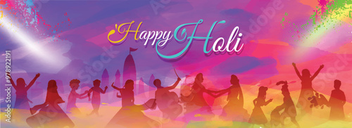 Silhouette of dancing people on the occasion of Indian festival holi on color splash background.