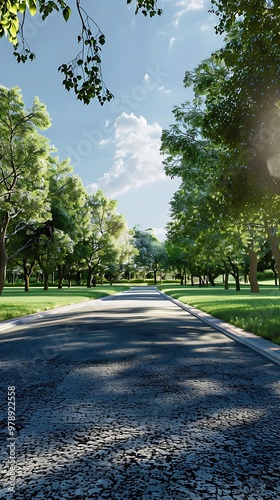 Fototapeta Naklejka Na Ścianę i Meble -  Empty asphalt road in the park with green grass and tree background.