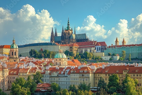 Prague castle dominating the skyline of prague on a sunny day